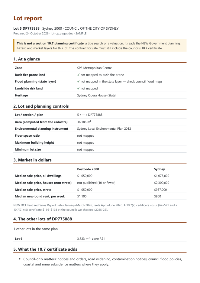 First page of the sample lot report